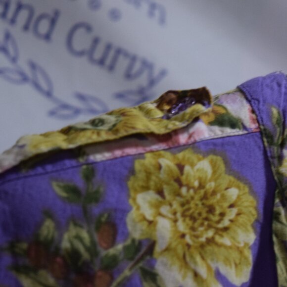 Denim 24/7 Floral, Button Front Blouse, Purple Background, size 32W - Picture 14 of 16
